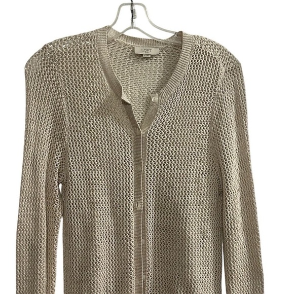 LOFT Women's Beige Gold Metalllic Open Stitch Cardigan Size M Long Sleeve - Picture 2 of 7